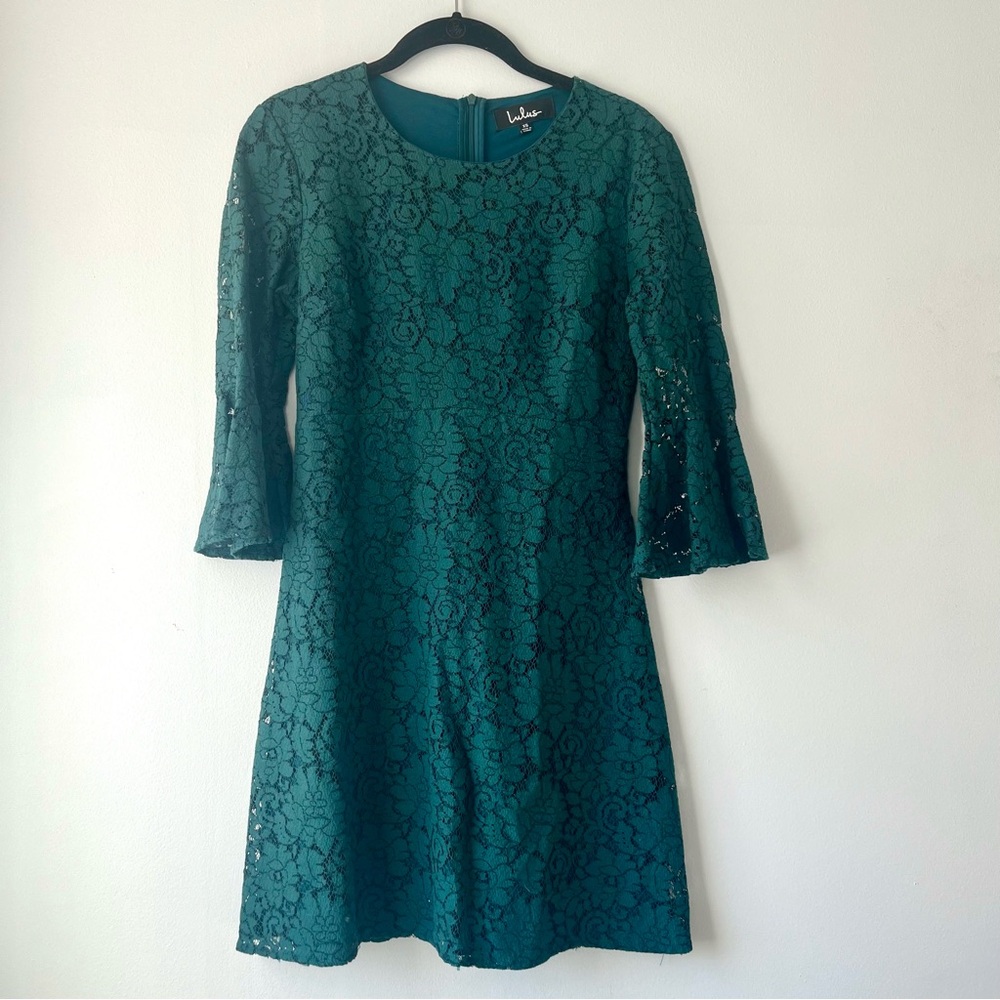 Lulus Dark Green Lace Dress Bell Sleeves